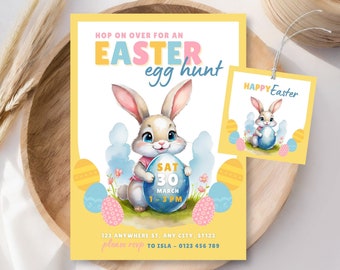 Easter Egg Hunt Invitation, Editable Easter Egg Invitation, Easter Party Invite, Bunny Invite Instant Download, Happy Easter thank you Tag