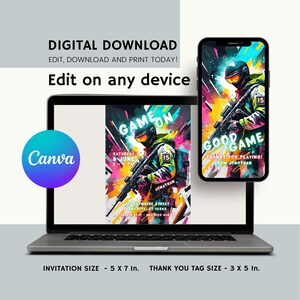 Puede incluir: Una plantilla de invitaci&oacute;n digital para una fiesta de videojuegos. La invitaci&oacute;n presenta un dise&ntilde;o colorido y abstracto con un jugador sosteniendo un arma. El texto de la invitaci&oacute;n dice "Game On" y "Good Game". La invitaci&oacute;n est&aacute; disponible en dos tama&ntilde;os: 5 x 7 pulgadas y 3 x 5 pulgadas.