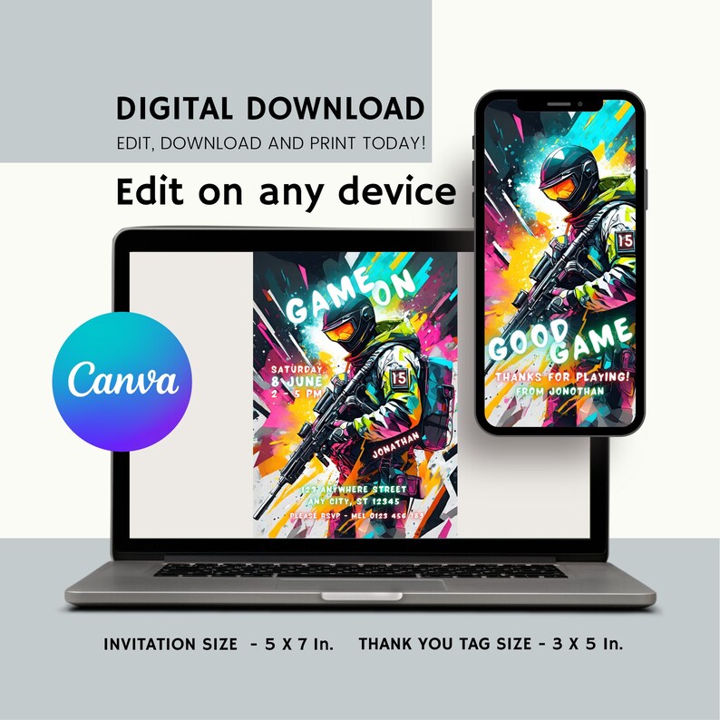 Puede incluir: Una plantilla de invitaci&oacute;n digital para una fiesta de videojuegos. La invitaci&oacute;n presenta un dise&ntilde;o colorido y abstracto con un jugador sosteniendo un arma. El texto de la invitaci&oacute;n dice "Game On" y "Good Game". La invitaci&oacute;n est&aacute; disponible en dos tama&ntilde;os: 5 x 7 pulgadas y 3 x 5 pulgadas.