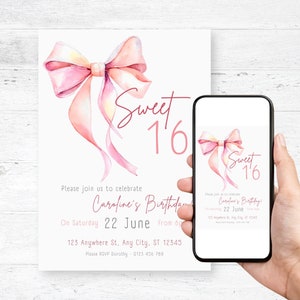 Sweet 16 Invitation, Coquette Invitation, Pink Bow Birthday Invitation, Editable Girl Bow Ribbon Invite, High Tea Invite, Bow Thank you tag image 2
