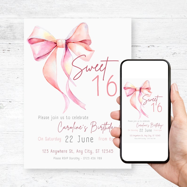 Sweet 16 Invitation, Coquette Invitation, Pink Bow Birthday Invitation, Editable Girl Bow Ribbon Invite, High Tea Invite, Bow Thank you tag image 2