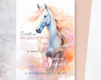 Horse Birthday Invitation, Editable Horse Invite Template, Horse Invitation, Girl Pony Invitation, Saddle up Invite, Horse Thank you Tag