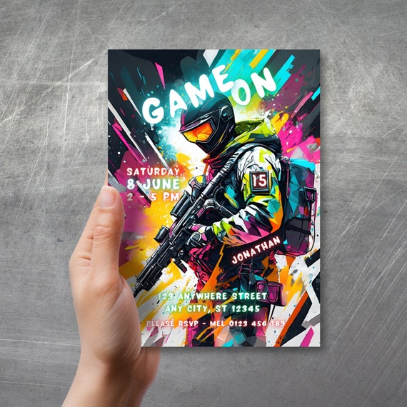Paintball Party Invite, Editable Game on Invitation, Neon Gaming Invite, Digital Teenager Invitation, Retro Invite Template, Thank you tag