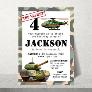 Army Birthday Party Invitation Template, Military Birthday Invite, Camouflage Invite Editable in Canva, Tank Birthday Invite, Thank you Tag