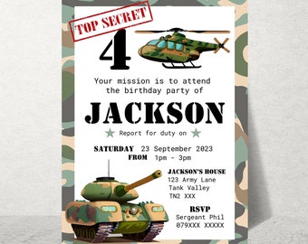 Army Birthday Party Invitation Template, Military Birthday Invite, Camouflage Invite Editable in Canva, Tank Birthday Invite, Thank you Tag