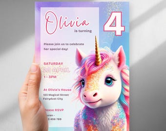 Glitter Unicorn Birthday Invitation, Rainbow Party Invite, Girls birthday Party Invite, Horse Invite (Digital Download)