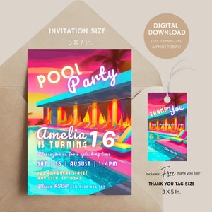 Pool Party Invitation, Swim Party Invite, Neon birthday Invitation, Retro Teenager sweet 16 Invite, Editable Swimming Invite, Thank you tag