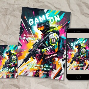 Invitación a fiesta de paintball, invitación editable al juego, invitación de neón para juegos, invitación digital para adolescentes, plantilla de invitación retro, etiqueta de agradecimiento imagen 2