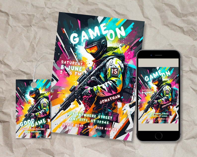 Invitación a fiesta de paintball, invitación editable al juego, invitación de neón para juegos, invitación digital para adolescentes, plantilla de invitación retro, etiqueta de agradecimiento imagen 2