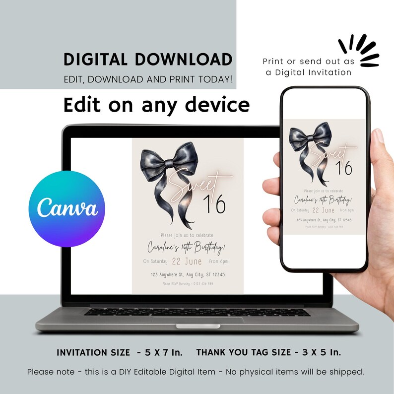 May include: Editable digital invitation template for a 16th birthday party. The invitation features a black bow with a gold glitter accent and the text "Sweet 16". The invitation is 5 x 7 inches.