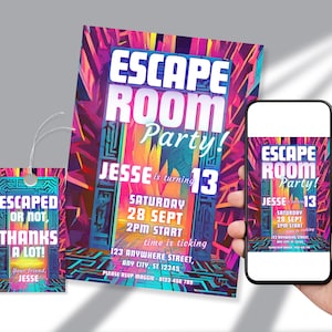 Escape Room Einladung, bearbeitbare Mädchen Escape Room Einladung zur Geburtstagsfeier, Digital Neon Retro Invite, Decken Sie die Mystery Detektivparty auf
