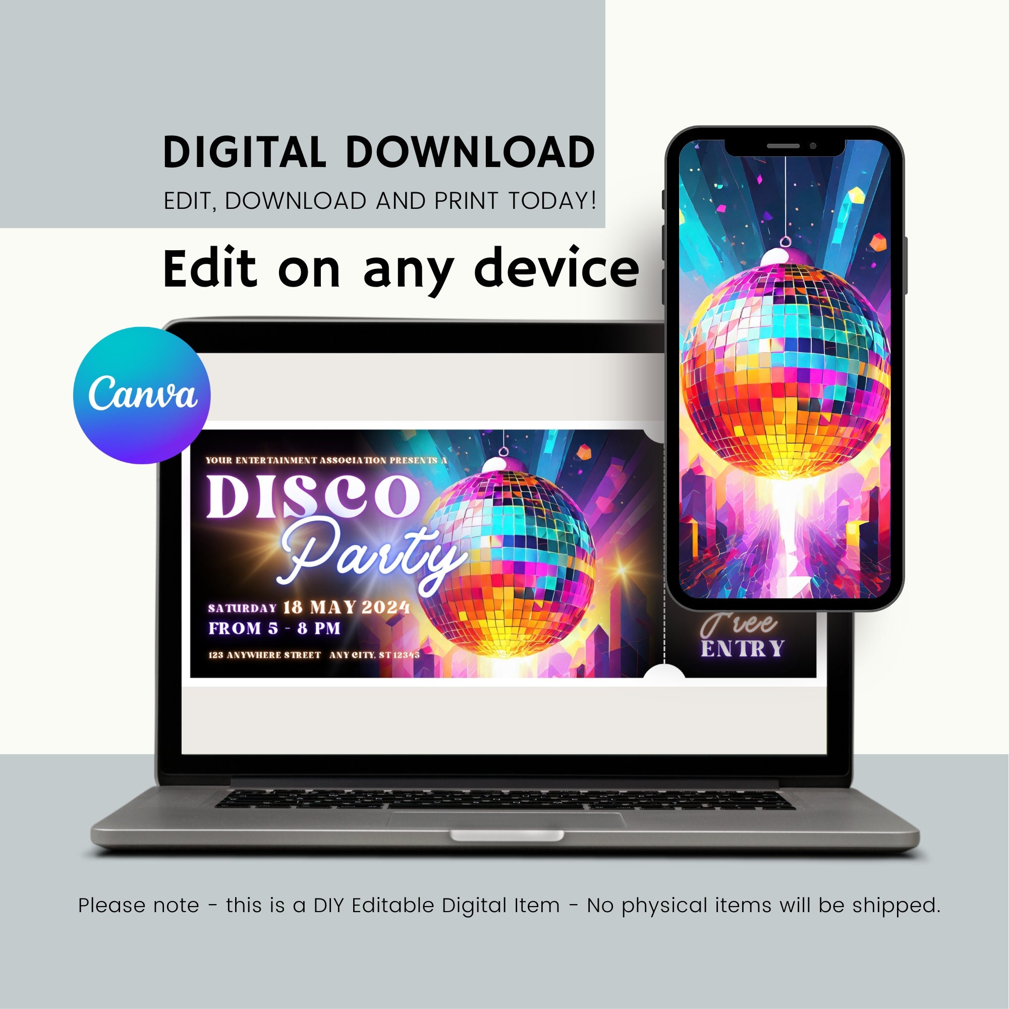 Simple Rave Style Ticket Invites Disco Party Ticket, Dance Party Ticket, Editable Dance Invitation ...