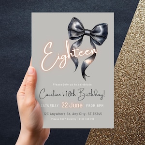 Faire-part 18e anniversaire, faire-part coquette, faire-part d'anniversaire avec noeud noir, carte d'invitation modifiable avec ruban noeud, invitation modifiable de dix-huit anniversaires
