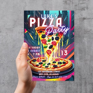 Pizza-Party-Einladung, Pizza einladen, Retro Pizza-Party einladen, EDITIERBARE Neon Pizza-Einladungsvorlage, Teenager-Geburtstags-Einladung, Pizza-Tag