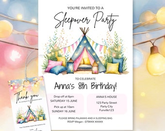 Sleepover Birthday Party Invitation Template Kids Teepee tent Minimalist Editable in Canva Instant Digital Download Tepee Free Thank you Tag