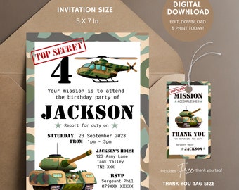 Army Birthday Party Invitation Template, Military Birthday Invite, Camouflage Invite Editable in Canva, Tank Birthday Invite, Thank you Tag