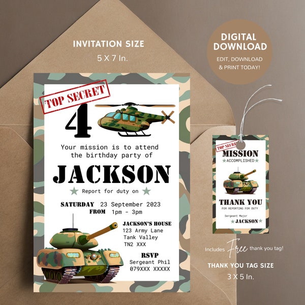 Army Birthday Party Invitation Template, Military Birthday Invite, Camouflage Invite Editable in Canva, Tank Birthday Invite, Thank you Tag