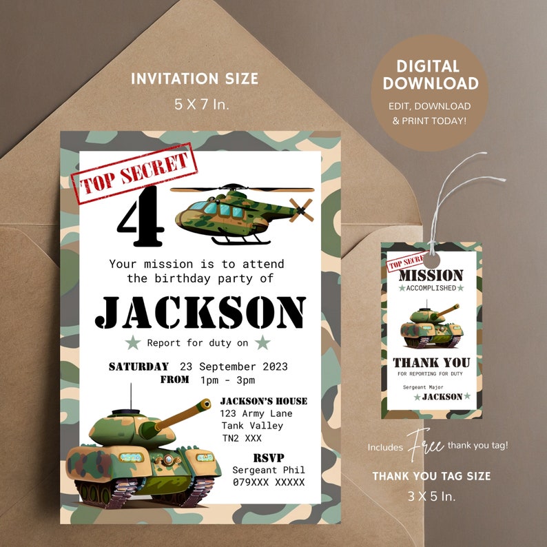 Army Birthday Party Invitation Template, Military Birthday Invite ...