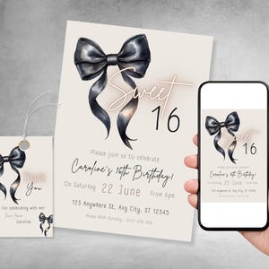 May include: A printable invitation for a Sweet 16 birthday party. The invitation features a black bow with a pink and white watercolor background. The text "Sweet 16" is written in a pink neon font. The invitation also includes the date, time, and location of the party.