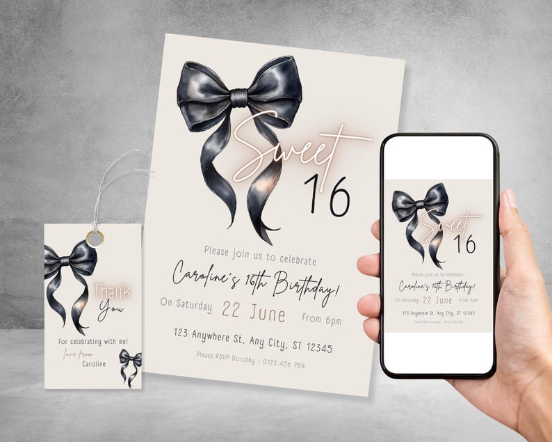 May include: A printable invitation for a Sweet 16 birthday party. The invitation features a black bow with a pink and white watercolor background. The text "Sweet 16" is written in a pink neon font. The invitation also includes the date, time, and location of the party.