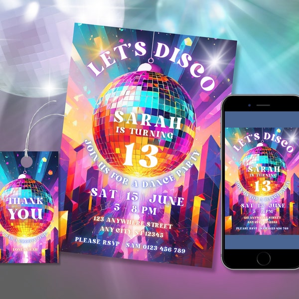 Disco Party Invitation, Editable Dance Party Invite, Colourful Retro Disco Party Invite, Neon Teenager Birthday Party Invite, Thank you tag