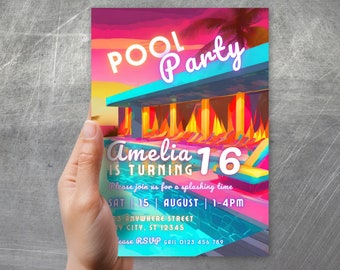 Pool Party Invitation, Swim Party Invite, Neon birthday Invitation, Retro Teenager sweet 16 Invite, Editable Swimming Invite, Thank you tag