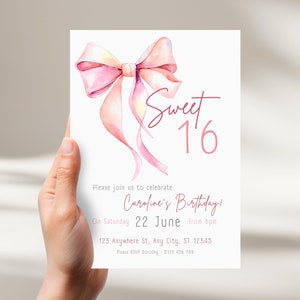 Sweet 16 Einladung, Koketteinladung, Rosa Bogen-Geburtstags-Einladung, bearbeitbares Mädchen-Bogen-Band einladen, High Tea einladen, Bogen Danke-Tag