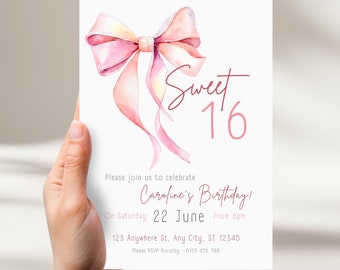 Sweet 16 Invitation, Coquette Invitation, Pink Bow Birthday Invitation, Editable Girl Bow Ribbon Invite, High Tea Invite, Bow Thank you tag