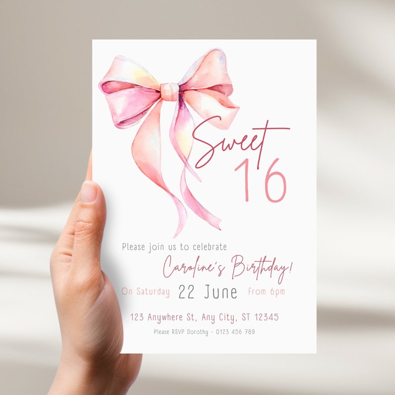 Sweet 16 Invitation, Coquette Invitation, Pink Bow Birthday Invitation, Editable Girl Bow Ribbon Invite, High Tea Invite, Bow Thank you tag image 1