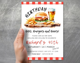 May include: A white birthday party invitation with a red and white checked border. The invitation features a watercolour illustration of a hamburger, chips, and a glass of beer. The text on the invitation reads "BBQ, Burgers and Beers!" and "Richard's 40th".