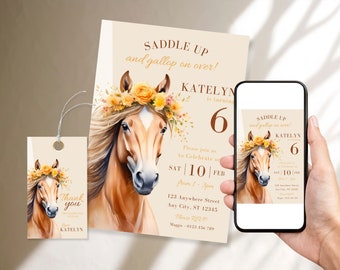 Horse Birthday Invitation Template, Girl Pony Invite (Digital Download)