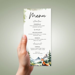 Baby-Dusche-Menü, Fox-Baby-Dusche-Menü, bearbeitbare digitale Download-Vorlage Brunch-Mittags- oder Abendmenüs, niedliches Lebensmittelmenü Sofortiger Download