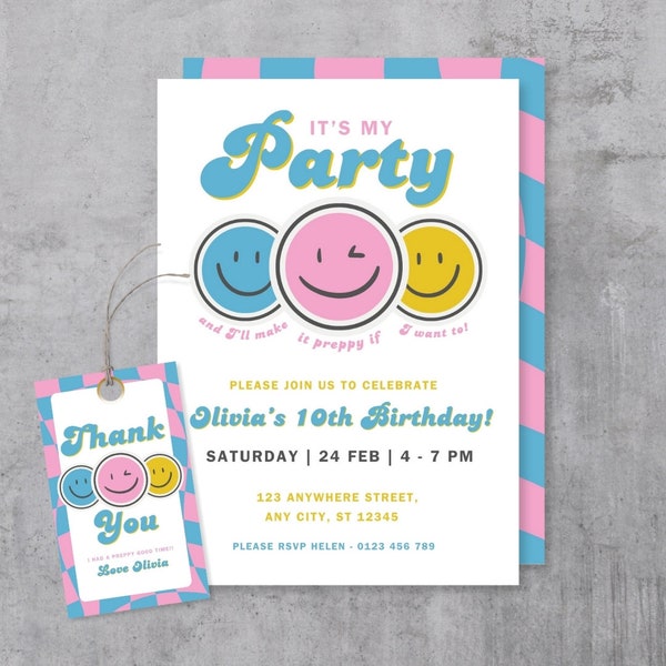 Preppy Invite, Editable Preppy Smiley Face Birthday Party Invite, Smiley Face Invite Patch party Minimalistic Checkerboard Pink Retro Invite