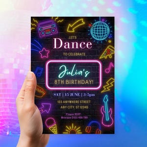 Neon Dance Birthday Invitation: Retro Disco Party (Editable Template)
