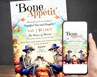 May include: Halloween party invitation with the text "Bone Appétit". The invitation features skeletons toasting wine glasses, pumpkins, and autumn leaves. The date is October 31st.