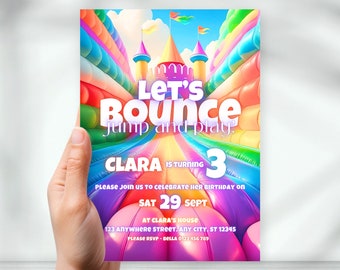May include: A colorful invitation for a birthday party with a bouncy house theme. The invitation features a cartoon illustration of a bouncy house with a castle on top. The text on the invitation reads "Let's Bounce Jump and Play! Clara is turning 3. Please join us to celebrate her birthday on Sat 29 Sept at Clara's House 123 Anywhere Street. Any City, ST 12345 Please RSVP - Bella 0123 456 789"