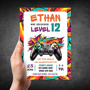 Faire-part d'anniversaire de jeu vidéo, invitation de fête de joueur modifiable, invitation de jeu de Style graffiti, modèle de téléchargement numérique, invitation de Console de jeu