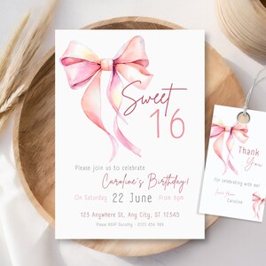 Sweet 16 Invitation, Coquette Invitation, Pink Bow Birthday Invitation, Editable Girl Bow Ribbon Invite, High Tea Invite, Bow Thank you tag image 3