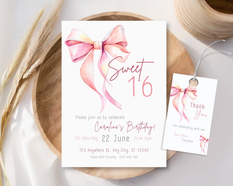 Sweet 16 Invitation, Coquette Invitation, Pink Bow Birthday Invitation, Editable Girl Bow Ribbon Invite, High Tea Invite, Bow Thank you tag image 3