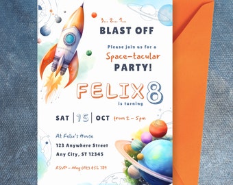 Space Invitation, Cosmos Space Invite Editable Spaceship Invite, Galaxy Blast Off Invite Outer Space Birthday Card Planets Space Theme Party