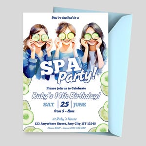Spa-Party-Geburtstags-Einladung, bearbeitbare Spa-Einladung, Spa-Einladung für Jugendliche, Verwöhn-Party-Einladungsvorlage, Tween-Geburtstagsfeier-Einladung