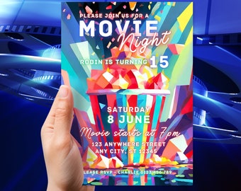 Movie Night Invitation, Editable Movie birthday Invite, Retro Neon Movie Cinema teenager, Movie Birthday Party, Free Movie thank you tag