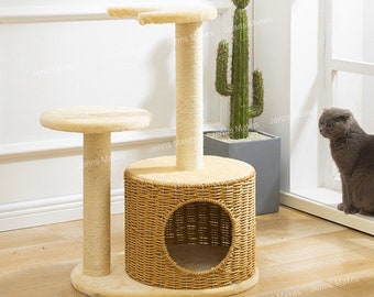 Rotan kattennesttoren, kattenkrabboom, houten kattenboom, kattenklimmen, meubilair voor katten, kattenliefhebbers, kattenmeubilair, sisal kattenkrabber