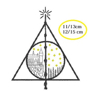 May include: Black and white line art illustration of the Deathly Hallows symbol from the Harry Potter series. The symbol is a triangle with a circle inside and a vertical line through the centre. The circle is divided in half, with Hogwarts castle on one side and a forest on the other. The text "11/13cm 12/15 cm" is written in yellow on a yellow circle in the top right corner of the image.