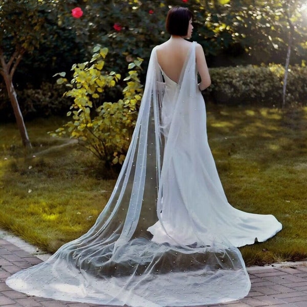 Pearl Bridal Cape Veil,Backless Shoulder Veil for Wedding,Party,Event,Modern Cathedral Cape Veil