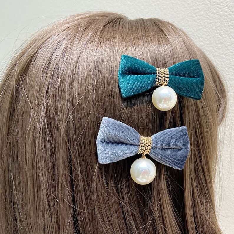 One Pair Velvet Bow Hair Clip with Big Pearl,Sweet Girl Hair Duck Clip for Adults and Children image 5