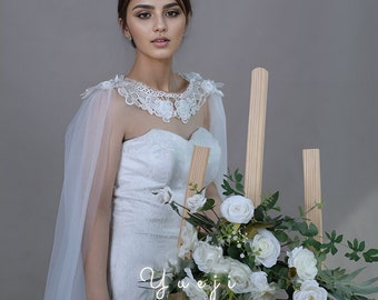 Cape de mariée en dentelle appliquée, voile de cape de mariage de fleurs, voile cathédrale de mariée en tulle