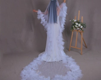 Voile de mariée multicouche à bordure en dentelle à volants, voile de mariage de longue traîne de 3 m avec peigne