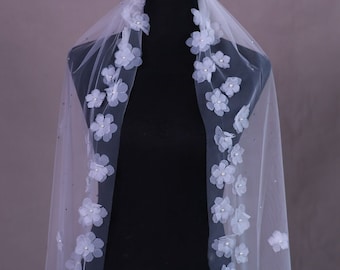 Voile de mariée perles et fleurs, voile de mariée de 3 m de long avec peigne