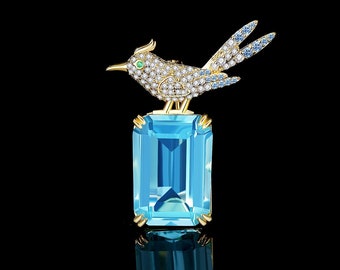 Stunning Bird Brooch,Diamond Cut  Aquamarine Brooch,Brooch for Men and Women